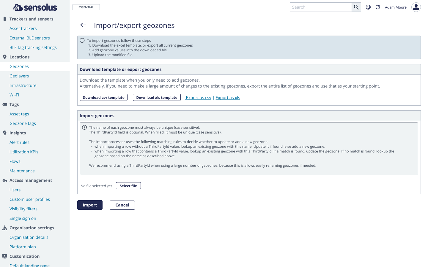 Import/export geozones interface